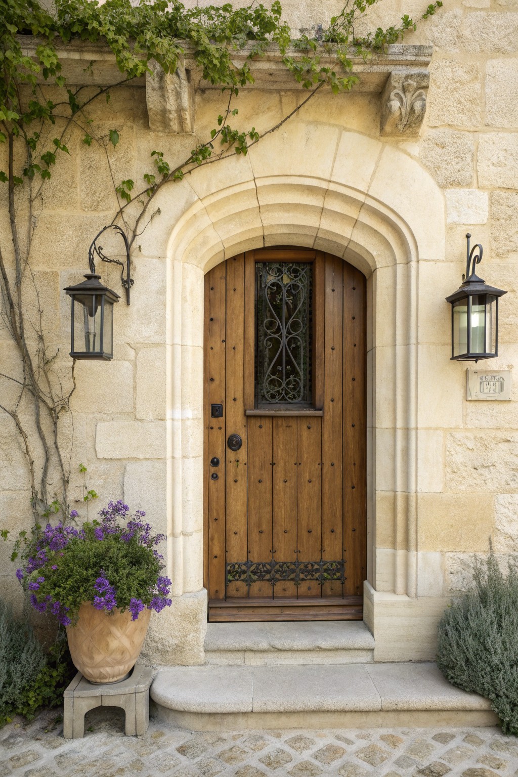 A wooden front door with an iron grille and metal hardware sits inside a curved limestone arch on a stone building, with black lanterns on both sides and a potted plant on the steps.