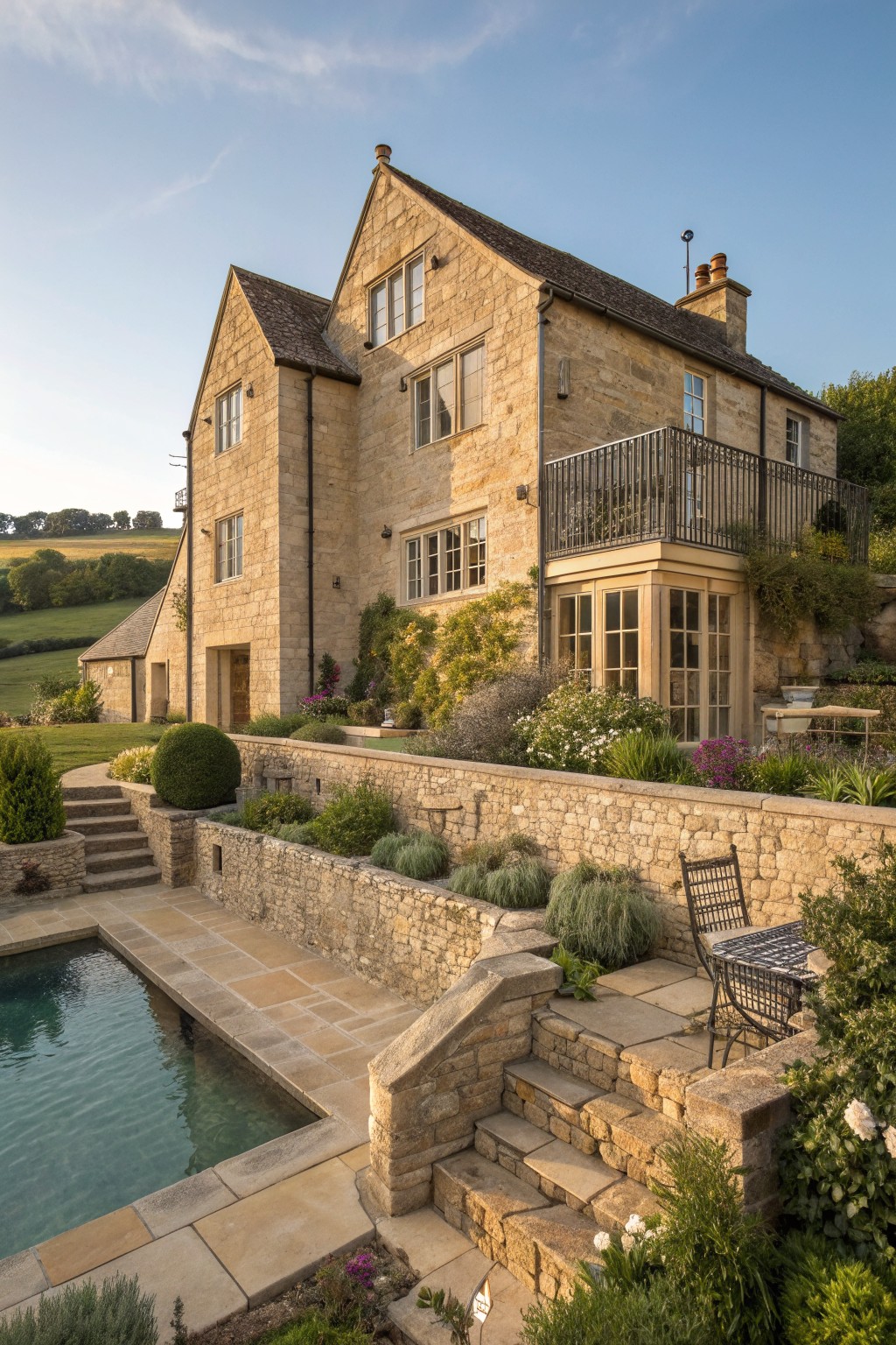 Stone house with swimming pool, patio, steps, balcony, and lush gardens.