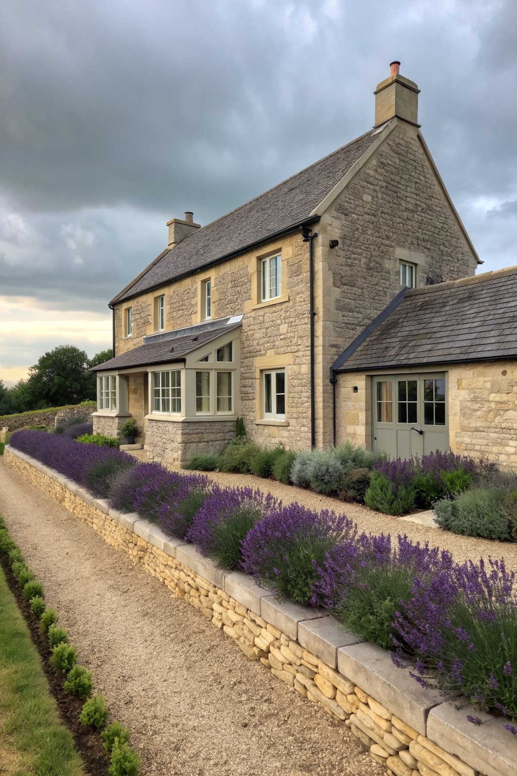 A two-story limestone farmhouse exterior with a gravel path bordered by a low stone wall and rows of lavender.