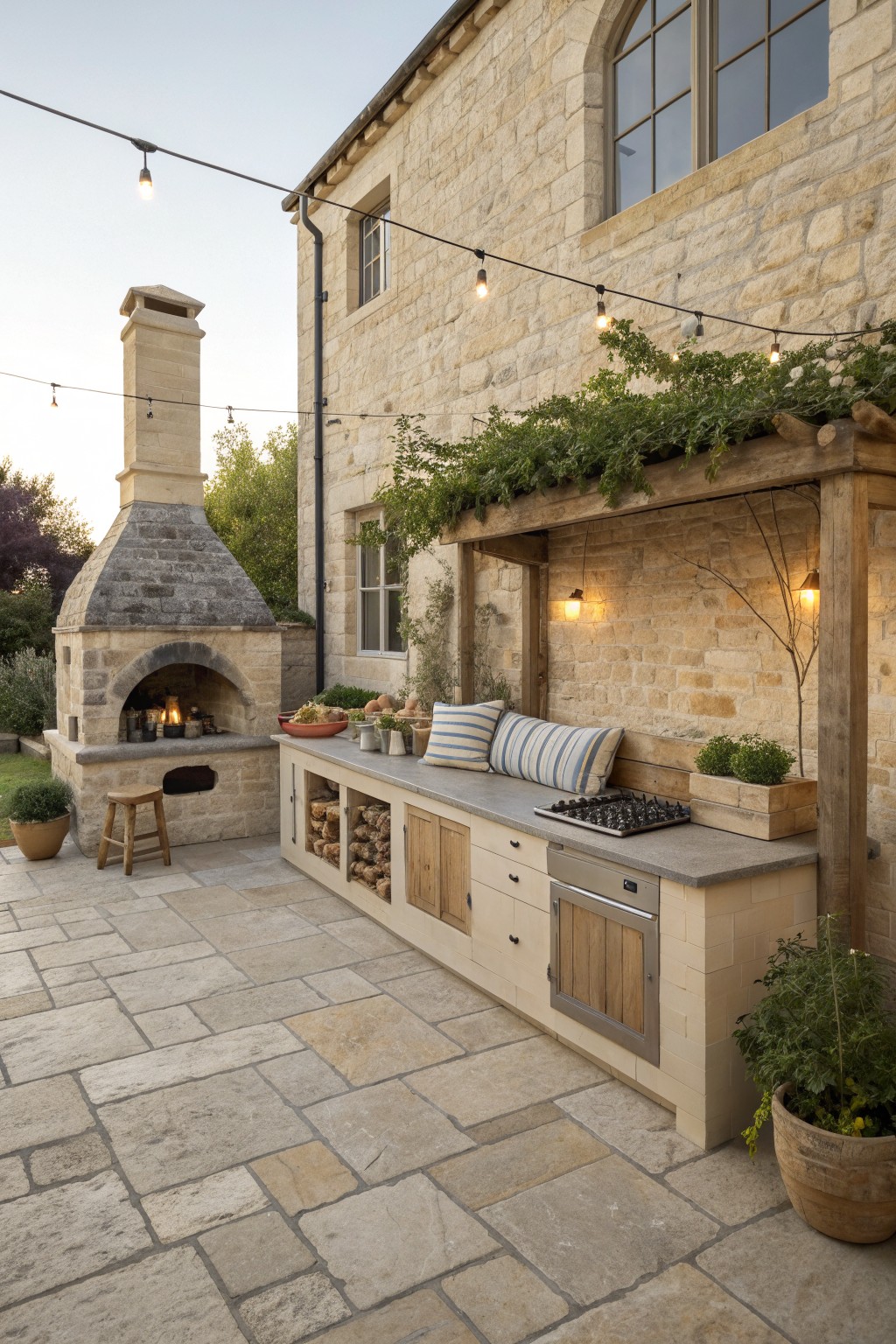 A limestone farmhouse exterior with a built-in outdoor kitchen made of matching stone blocks, featuring a gas cooktop, wooden cabinet doors, and a large stone fireplace on a paved patio.