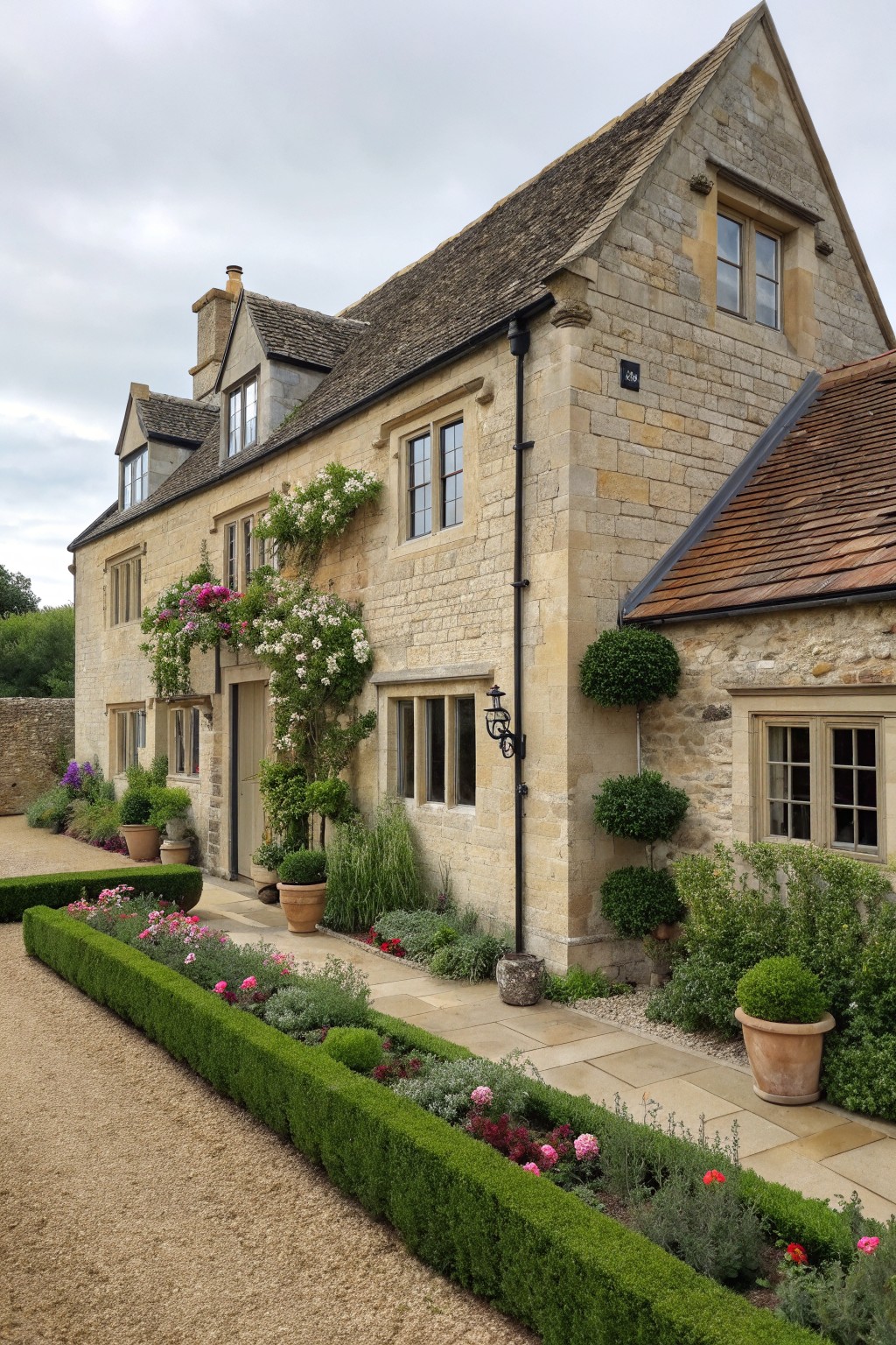 A multi-story limestone farmhouse exterior with a steep roof, multiple windows, climbing flowers on the walls, and a paved garden path lined with hedges and flower beds.