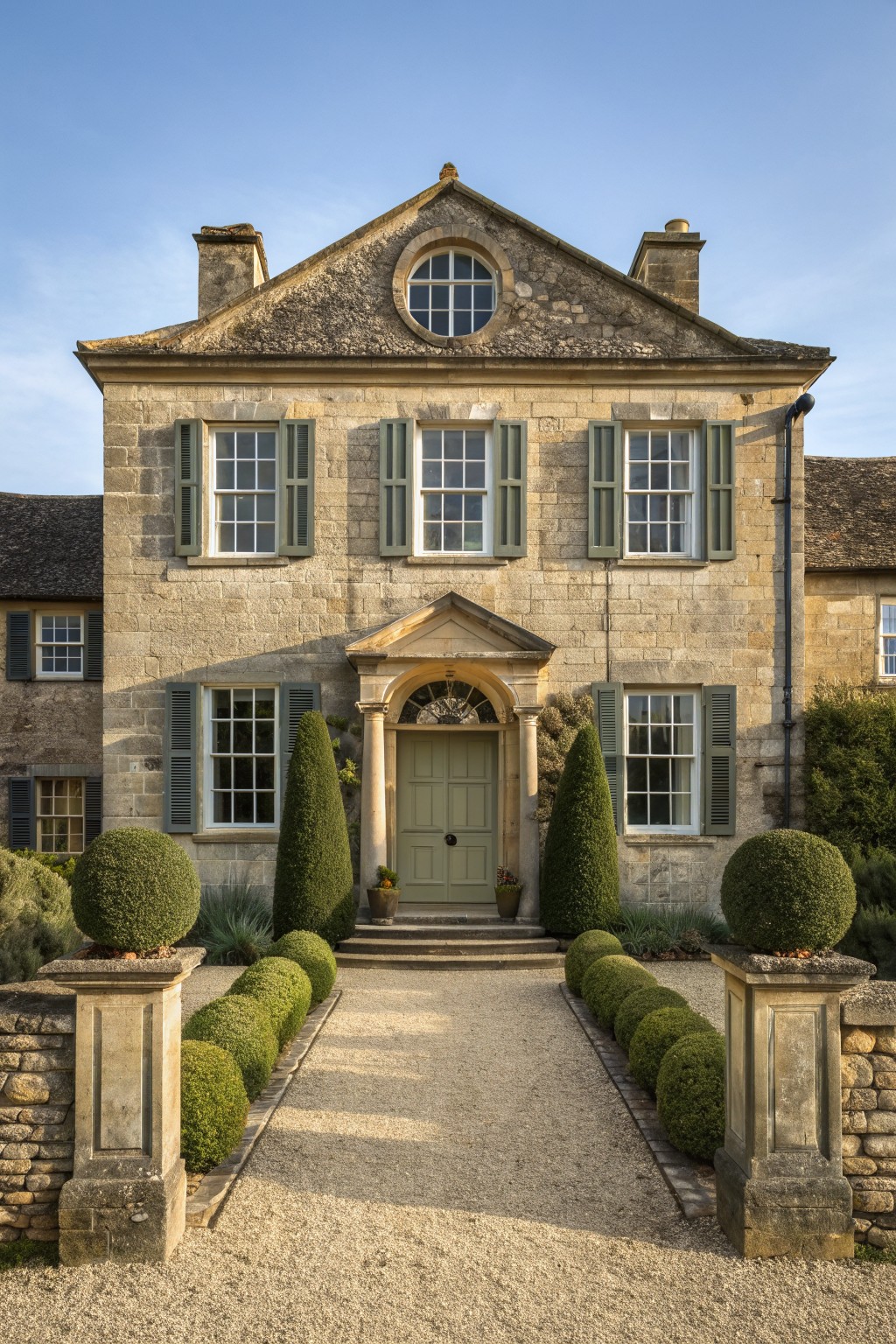 A two-story limestone house with a central pedimented entry, green door, and multiple windows with green shutters, flanked by conical shrubs and a gravel path.