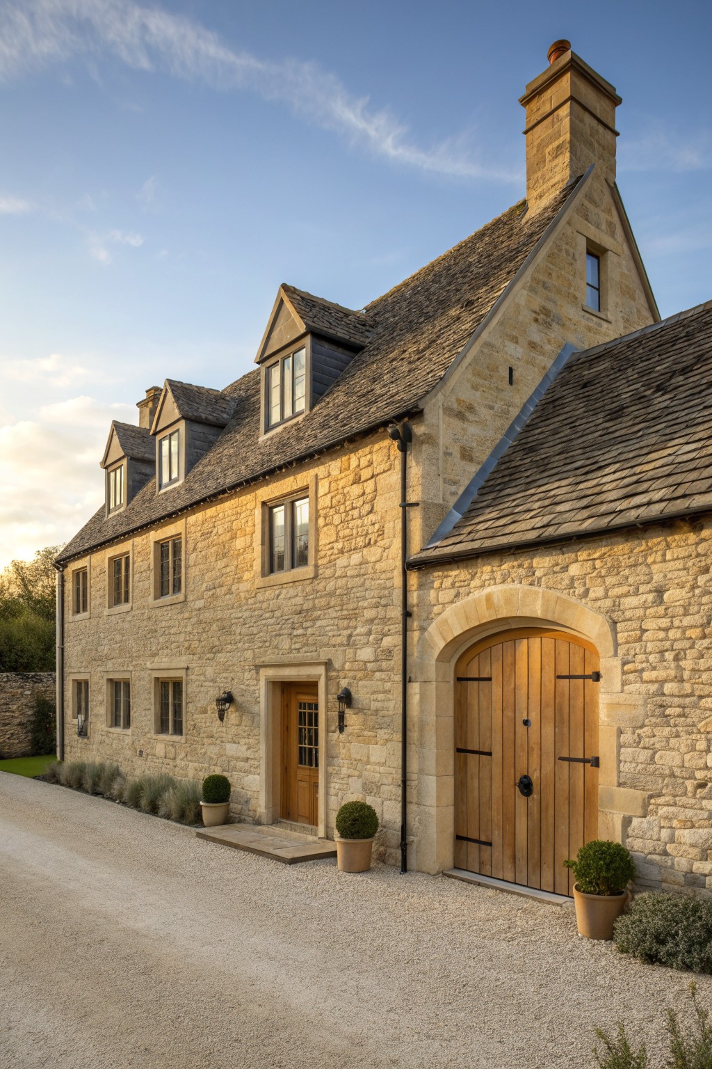 A large limestone farmhouse exterior with a sloped roof, multiple windows, a wooden front door, and an arched wooden double door.