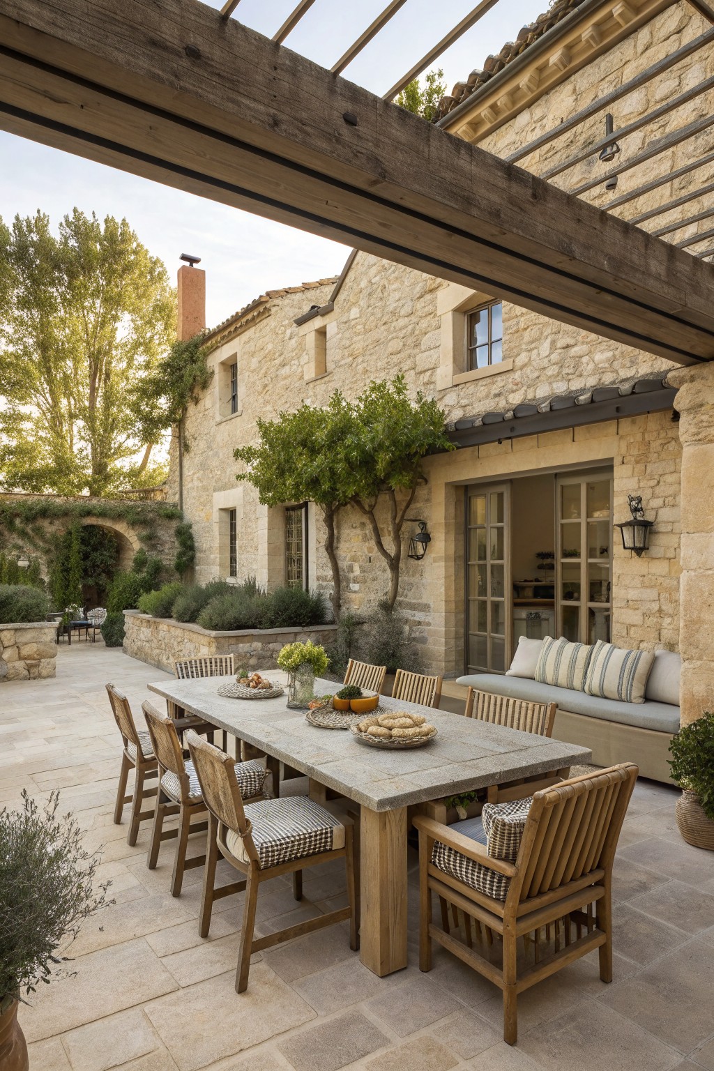 A limestone farmhouse exterior with a covered stone patio holding a long rectangular dining table, wooden chairs with checkered cushions, and a built-in bench with striped pillows.
