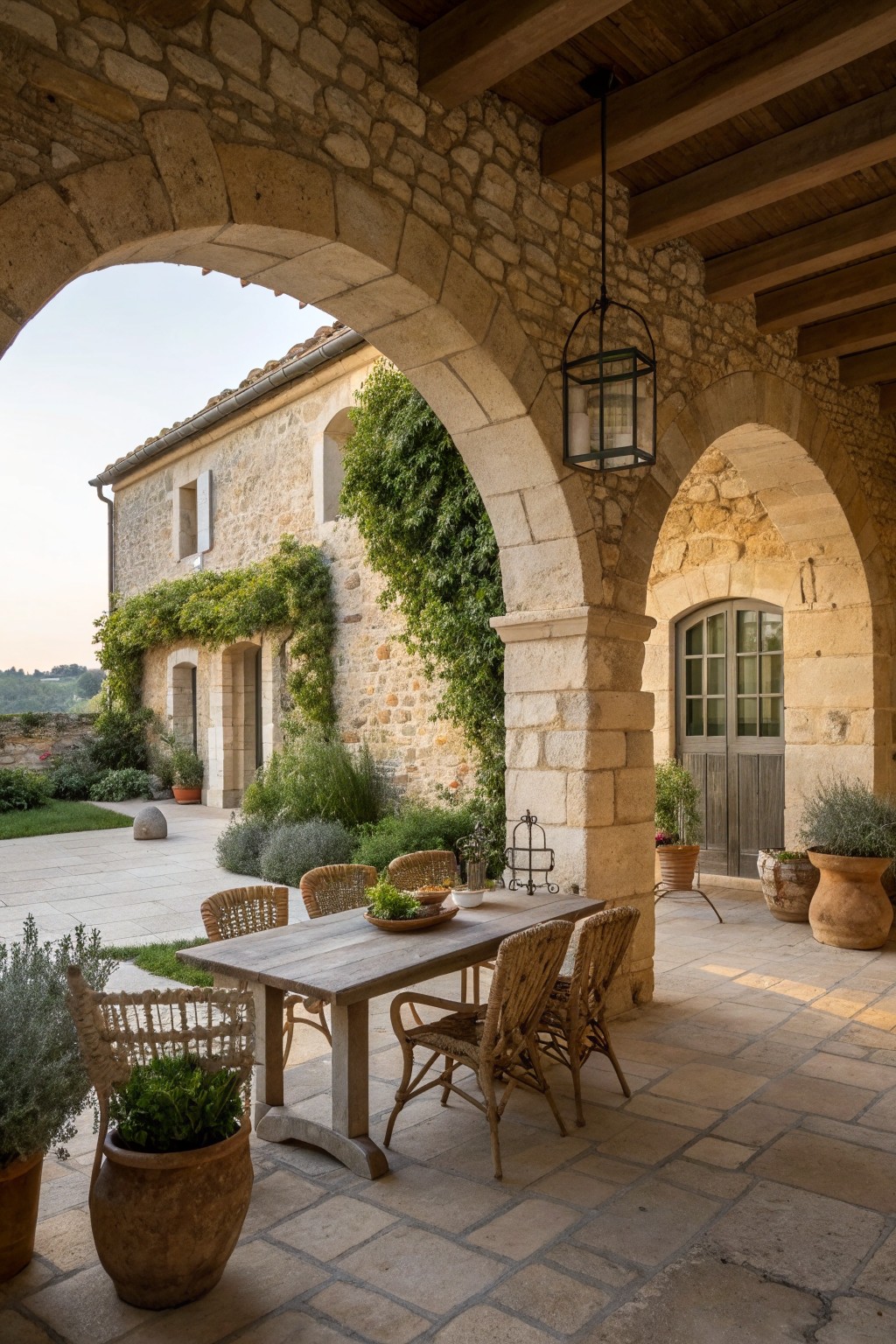 A wooden dining table with woven chairs sits under stone arches on a paved patio next to a limestone farmhouse.