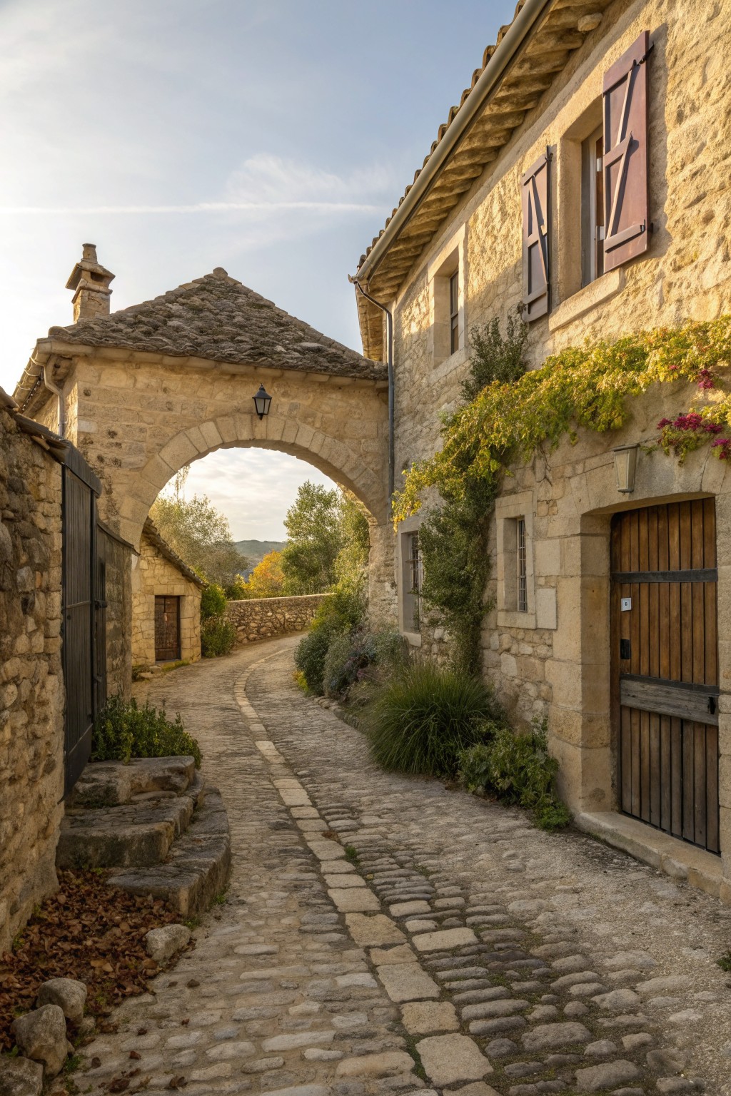 Cobblestone alley curving under stone arch past vine-covered buildings with wooden shutters.