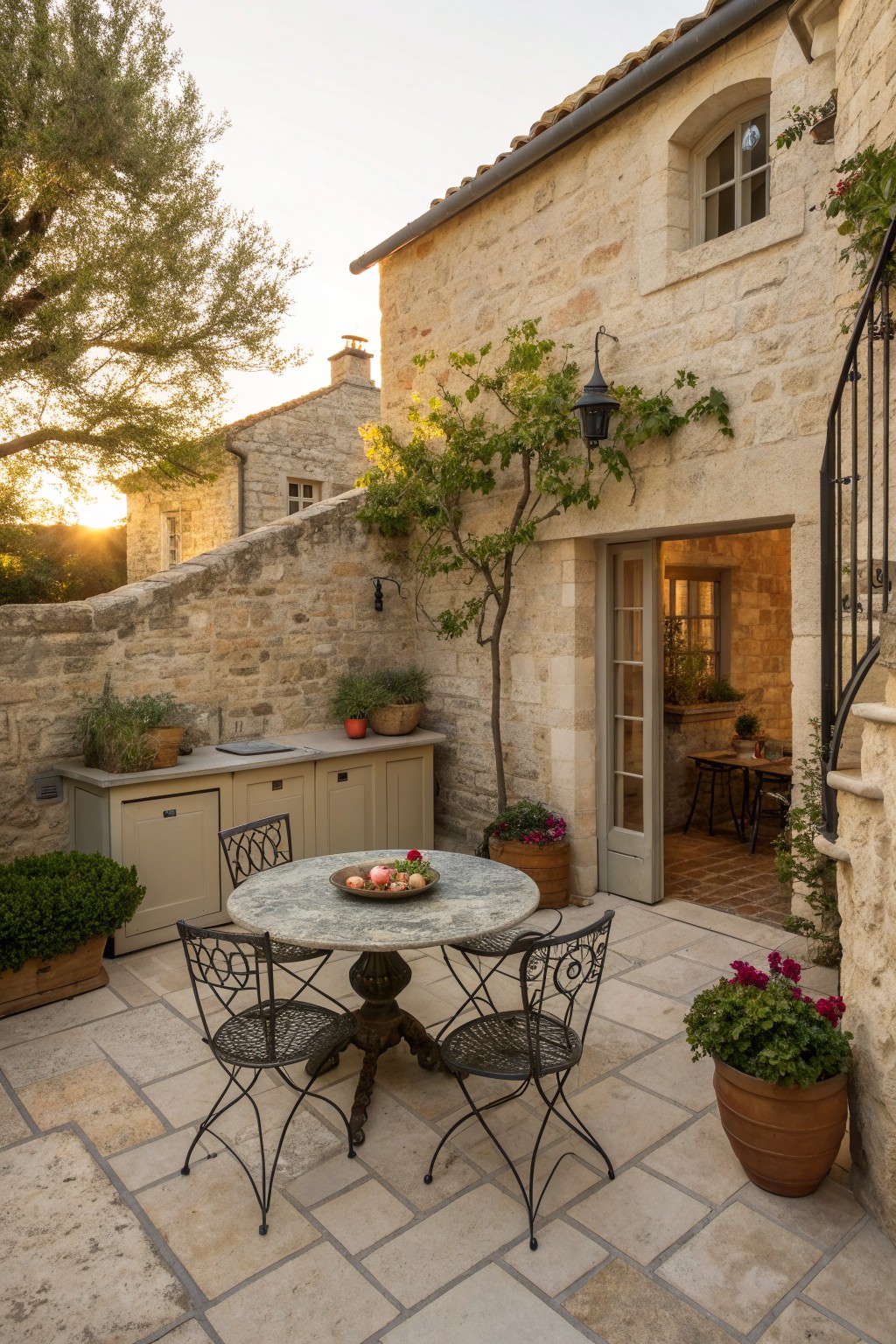Stone courtyard patio with round marble table, metal chairs, potted flowers, and kitchen at sunset
