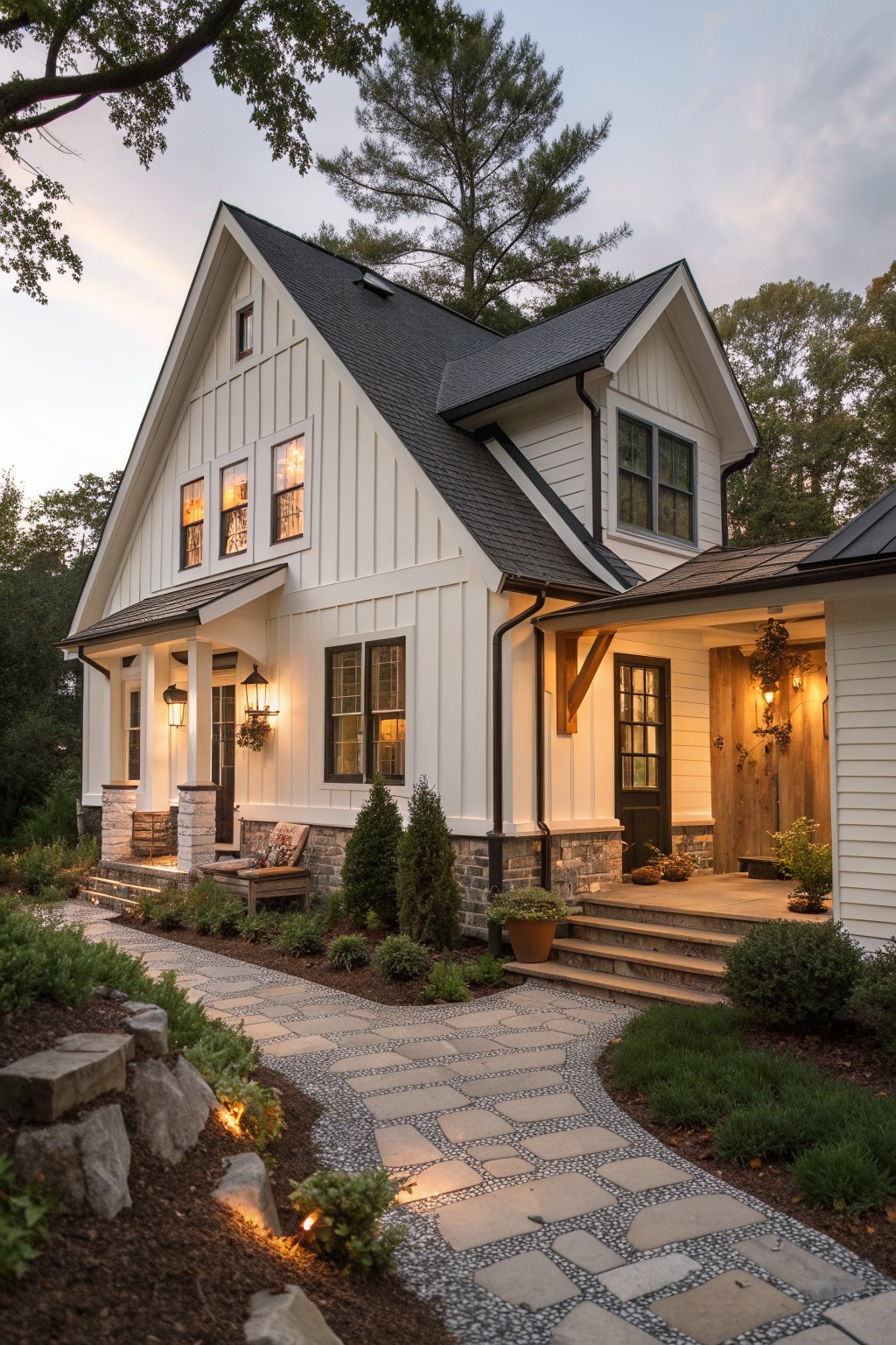 White two-story house with black roof, glowing windows, and stone path at dusk
