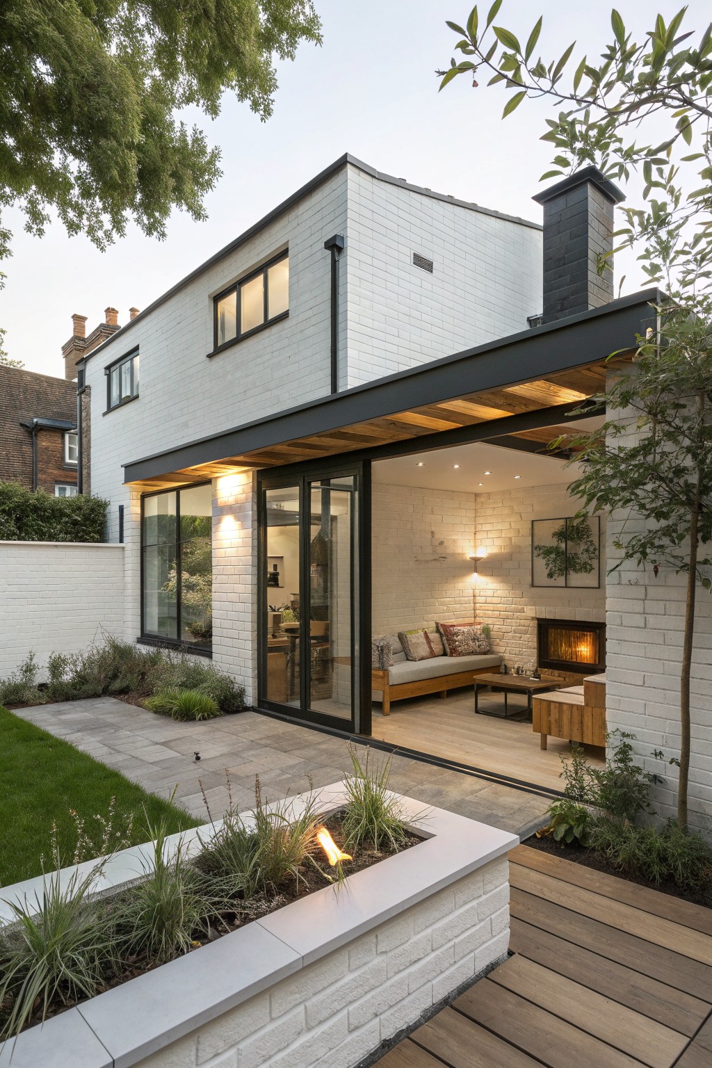 A modern white brick house with a covered outdoor living area featuring wood ceiling beams, a fireplace, and large glass doors opening to a patio with a fire pit.