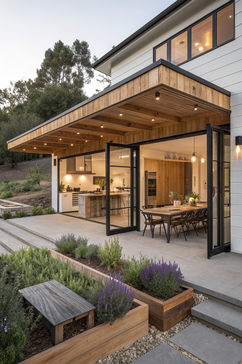 Modern home with open glass doors revealing kitchen and dining patio at dusk