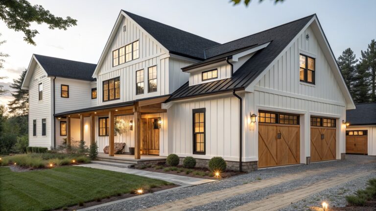 A white vertical siding farmhouse with black roof, wooden front door, wooden garage door, covered porch with steps, and gravel driveway.