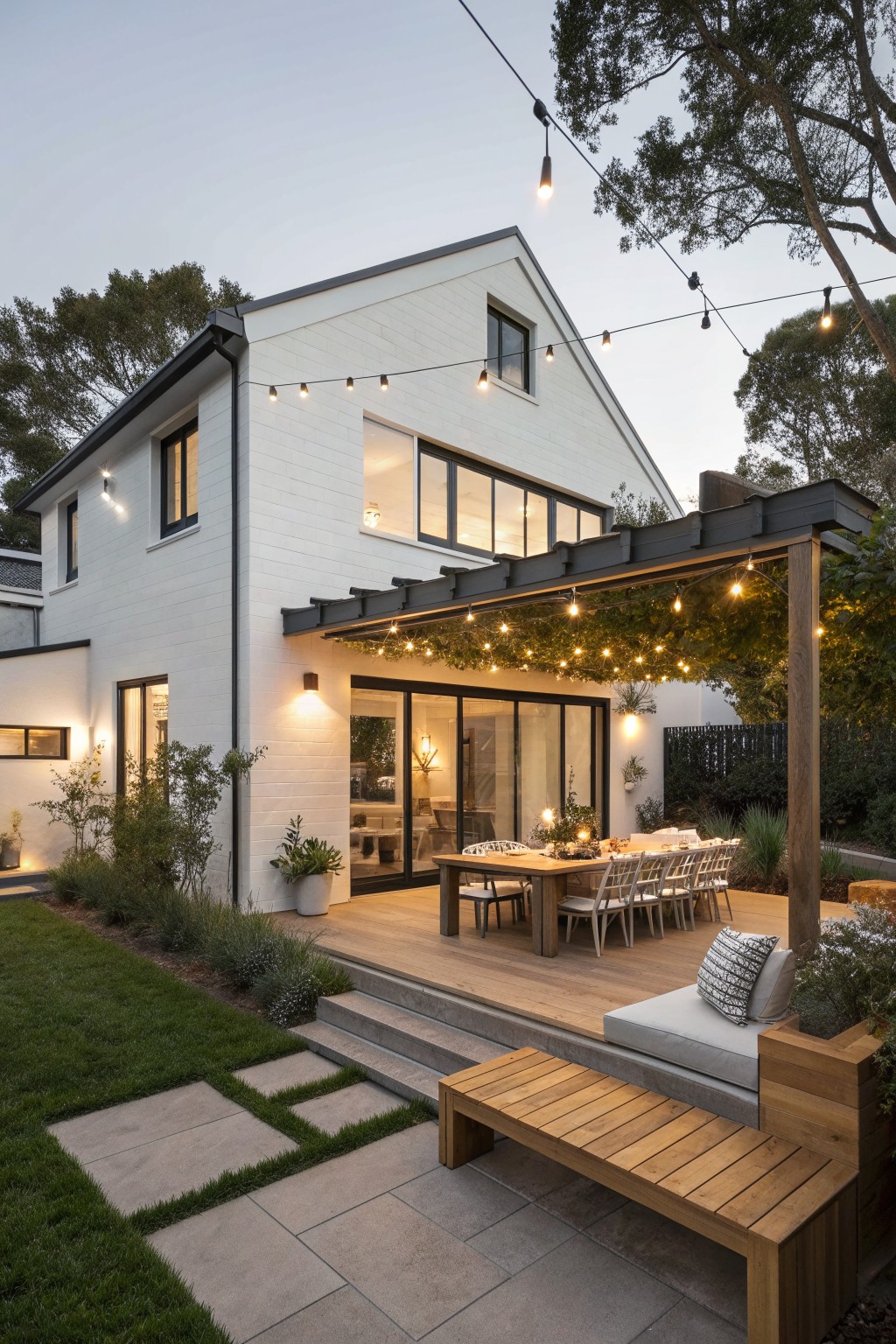 A white two-story farmhouse with black trim features a wooden deck under a dark pergola strung with lights, a long dining table, built-in bench seating, and stone steps leading to a lawn with pavers.