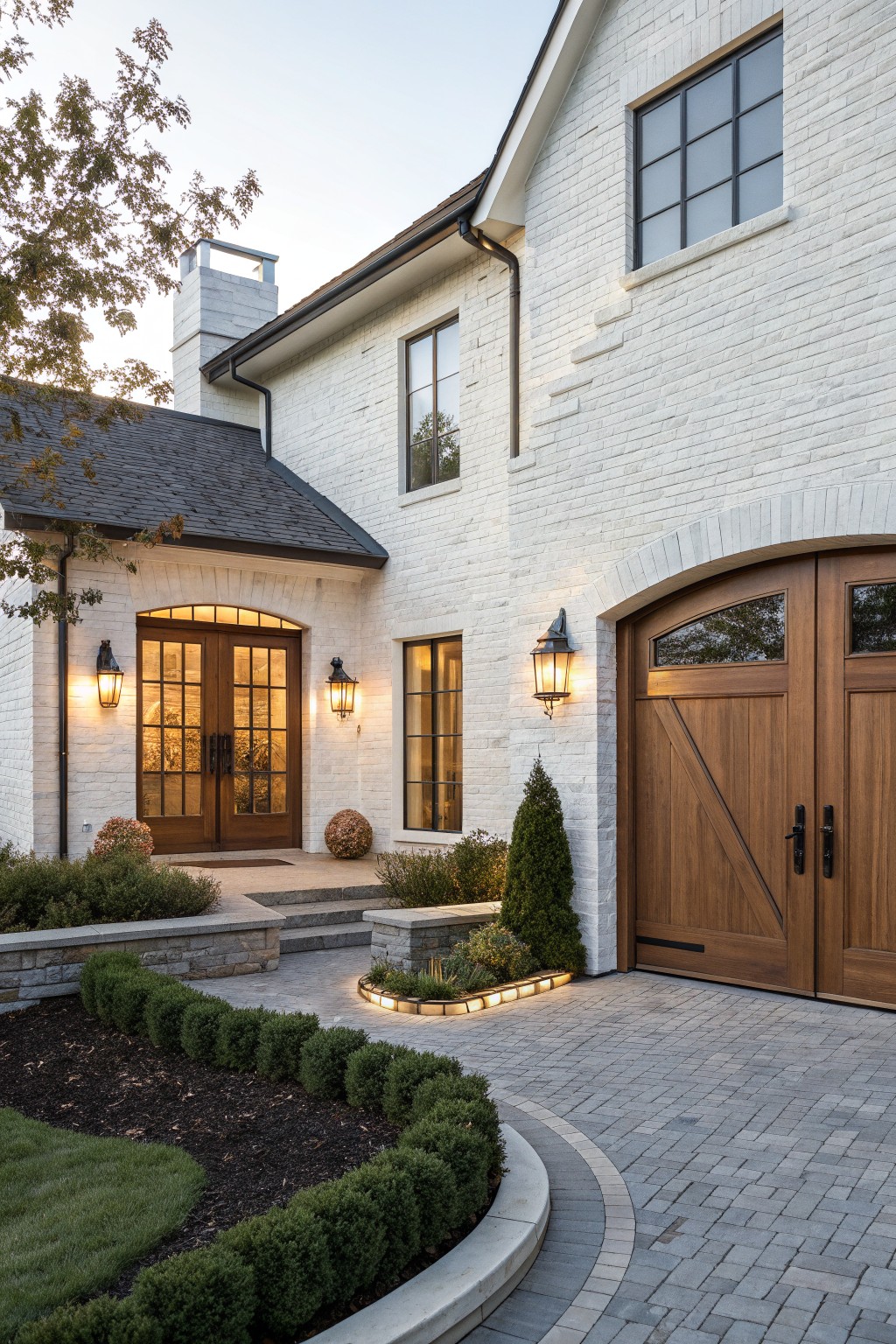 White brick house with arched wooden double doors, a large wooden garage door, black window frames, and curved landscaping along a paved driveway.