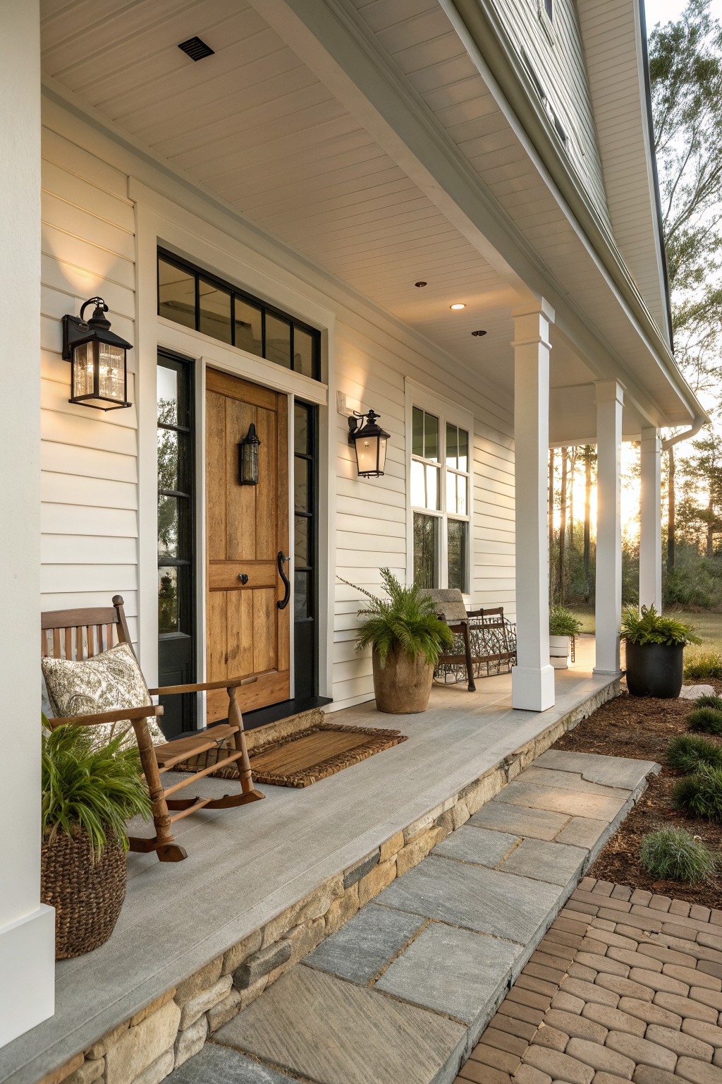 White farmhouse exterior with a natural wood front door, black-framed windows, a wooden rocking chair on the porch, and stone foundation.