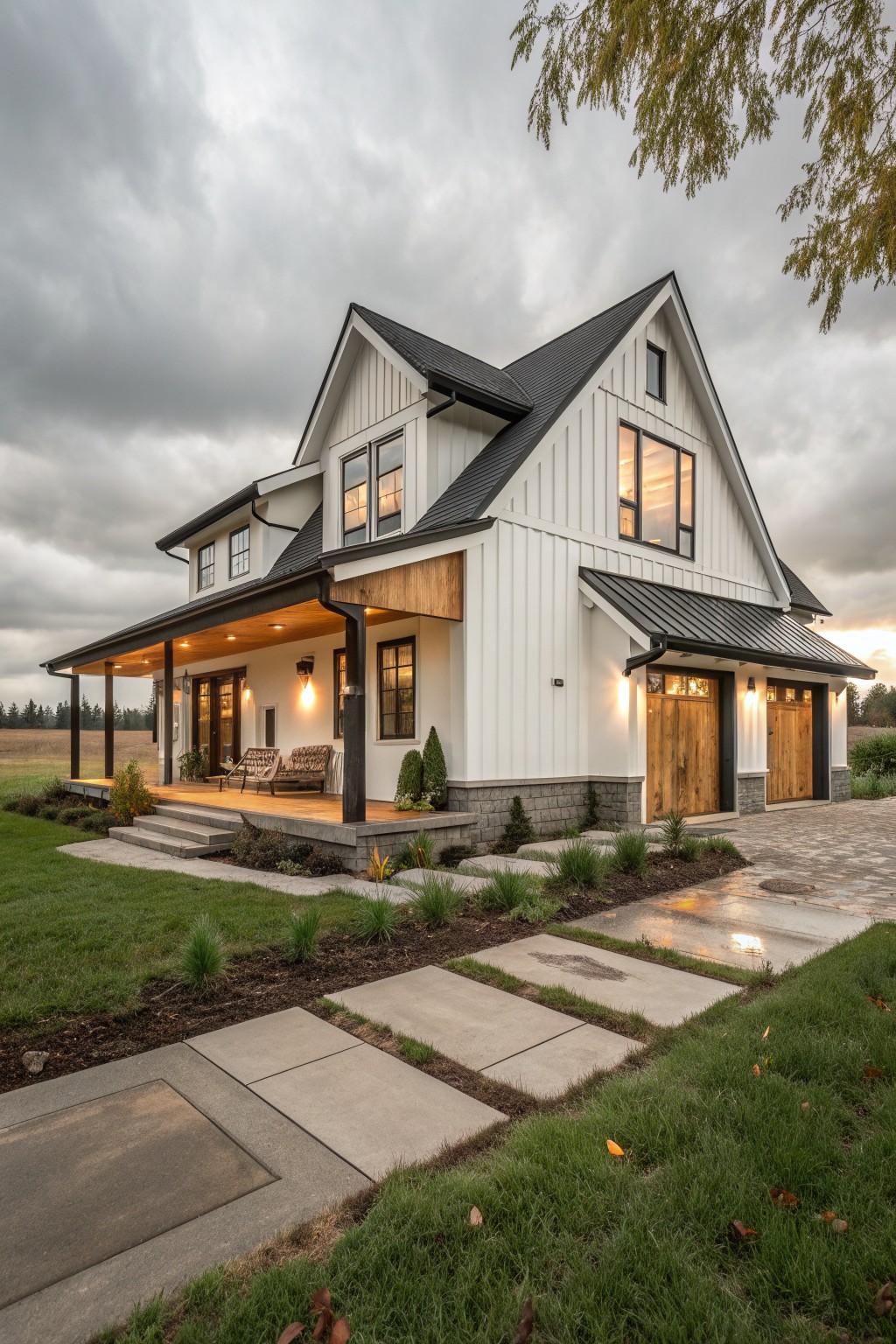 Modern white farmhouse with black roof, wooden garage doors, porch, and stone foundation.