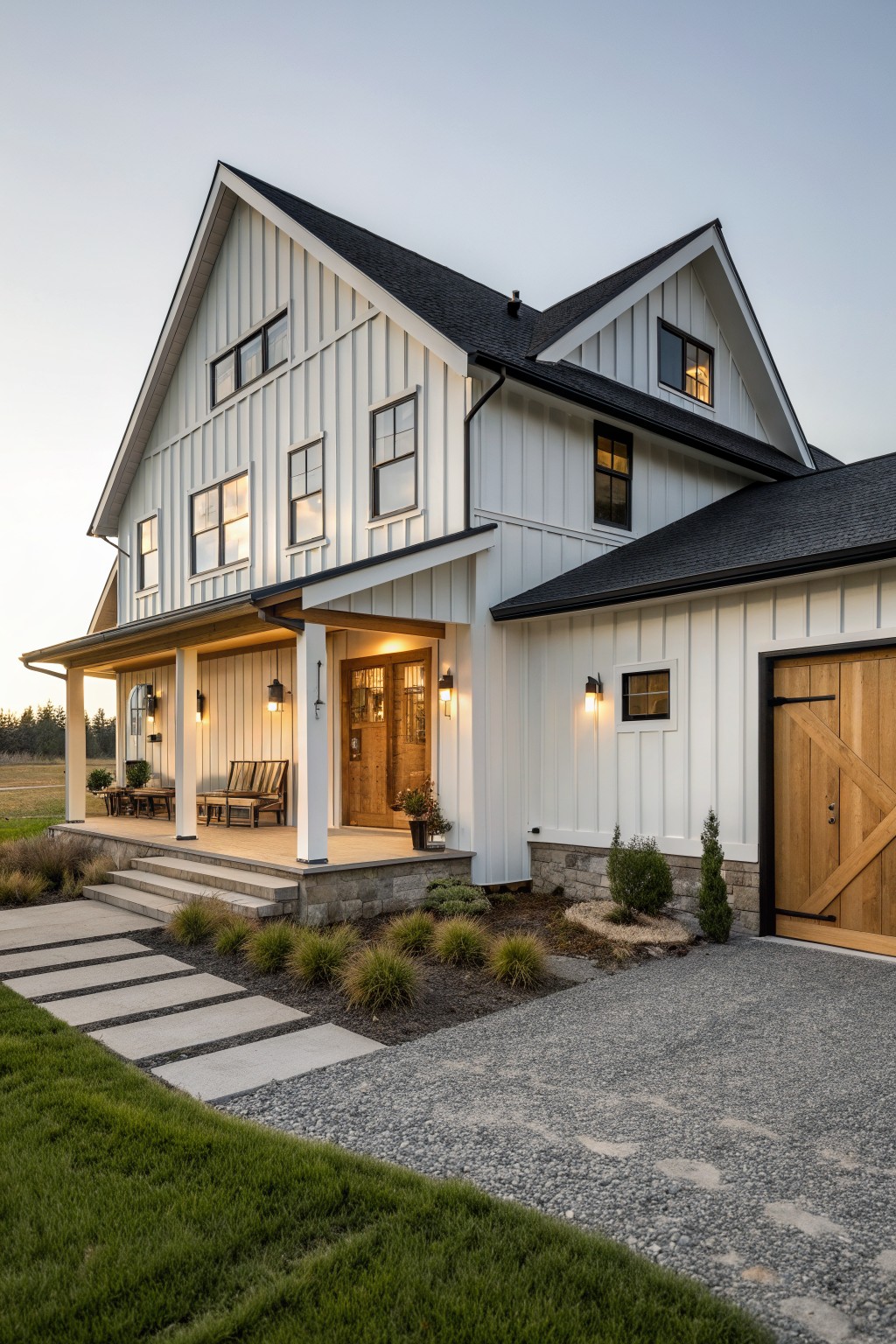 A white vertical siding farmhouse with black roof, wooden front door, wooden garage door, covered porch with steps, and gravel driveway.