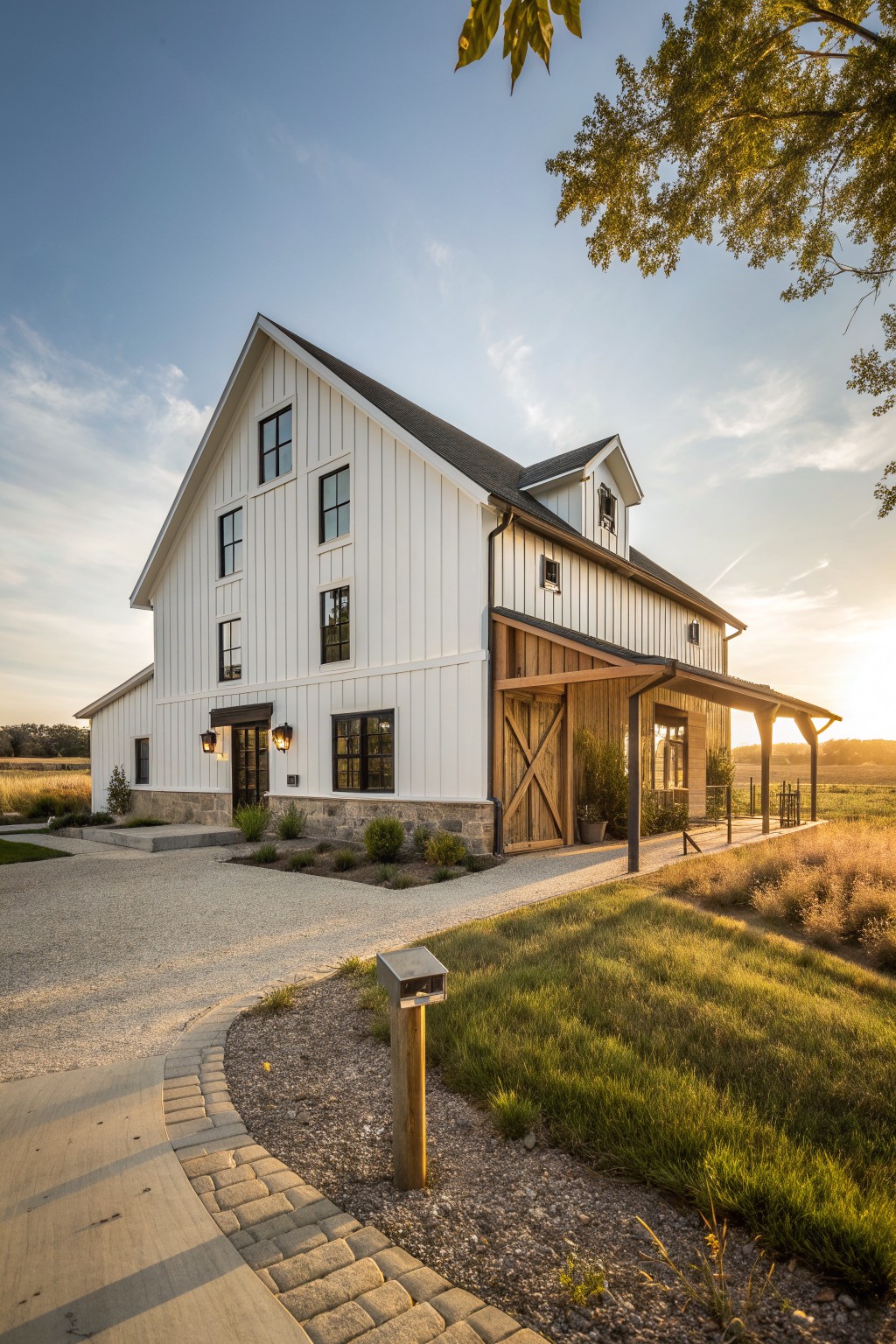 White modern barn house with wooden accents at sunset in rural field
