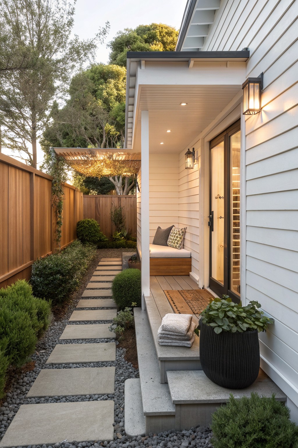 A white sided house exterior with a covered porch, built-in wood bench with cushions, glass door, and concrete steps beside a gravel and stone pathway.