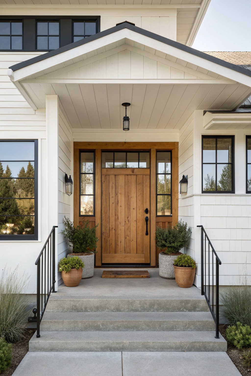 White house porch with wooden door, black accents, potted plants, and concrete steps.