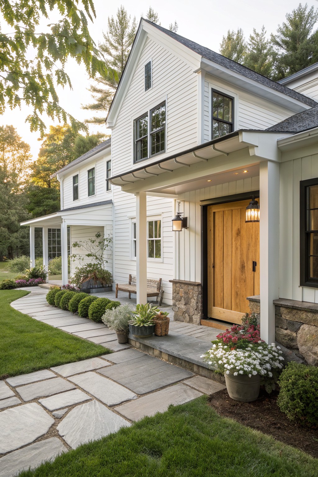 A white two-story farmhouse exterior with a large natural wood front door, stone accents at the base, and a covered entry porch.