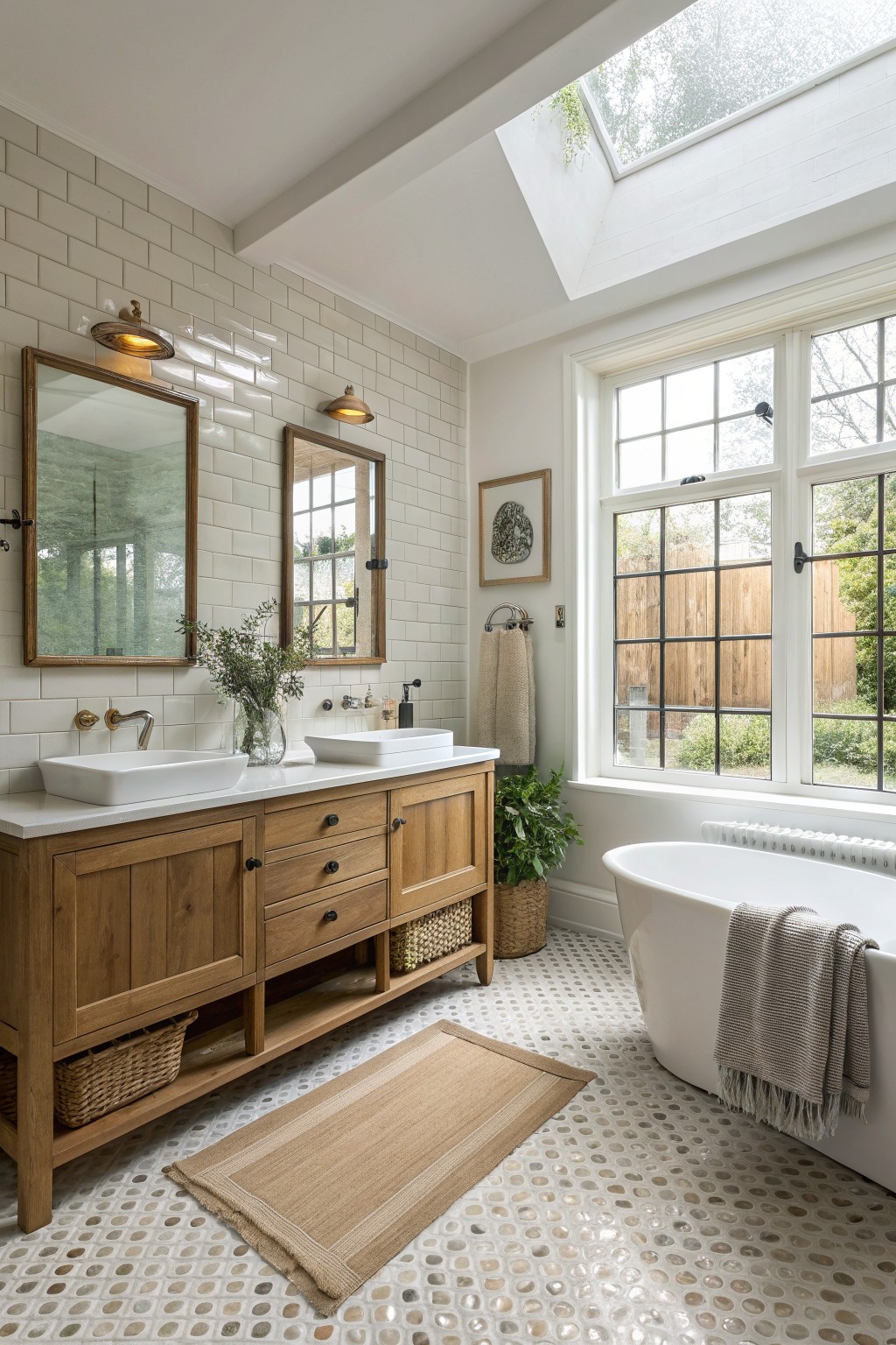 Bright modern bathroom with wooden double vanity, white tub, skylight, and pebble floor