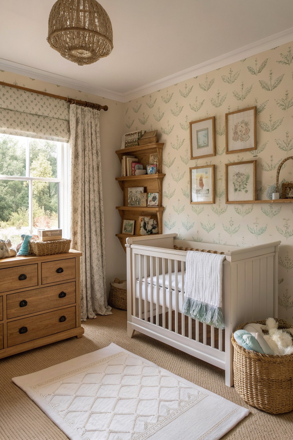 A bright nursery interior with a white crib, wooden dresser, green botanical wallpaper, framed botanical prints, and a window with patterned curtains.