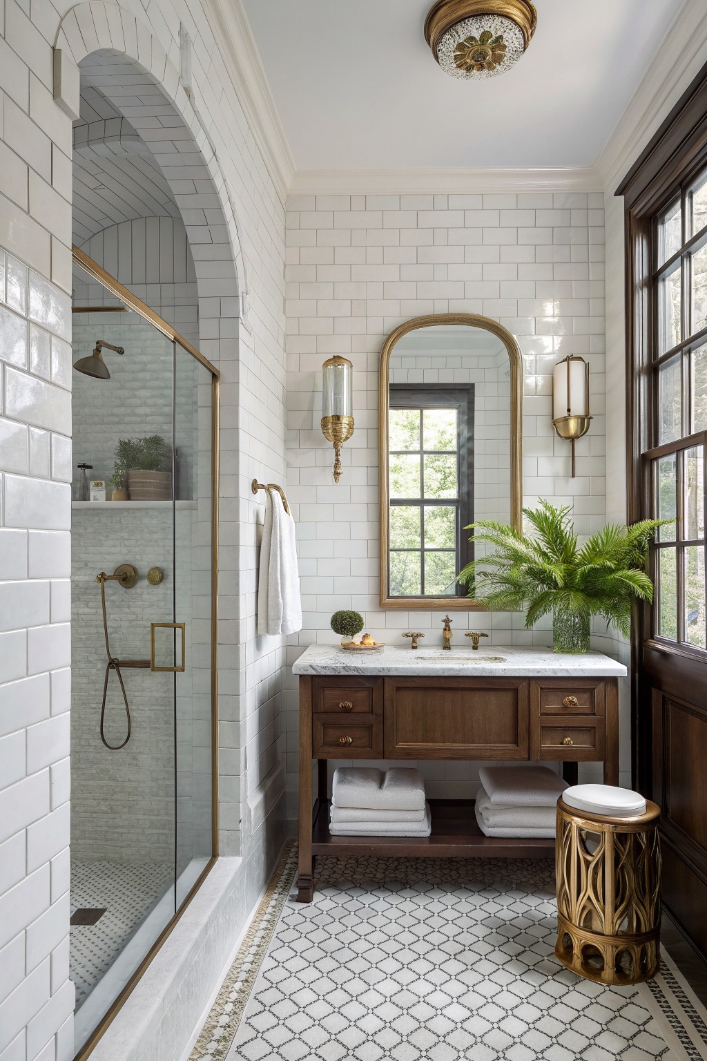 Elegant bathroom with white subway tiles, arched mirror, wooden vanity, brass fixtures, and patterned floor.