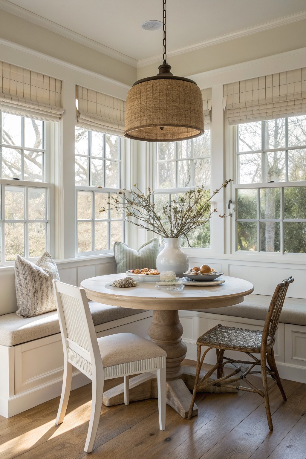 A round wooden dining table with a white vase and plates sits in a bright corner room with built-in cushioned benches under multi-paned windows and two additional chairs.