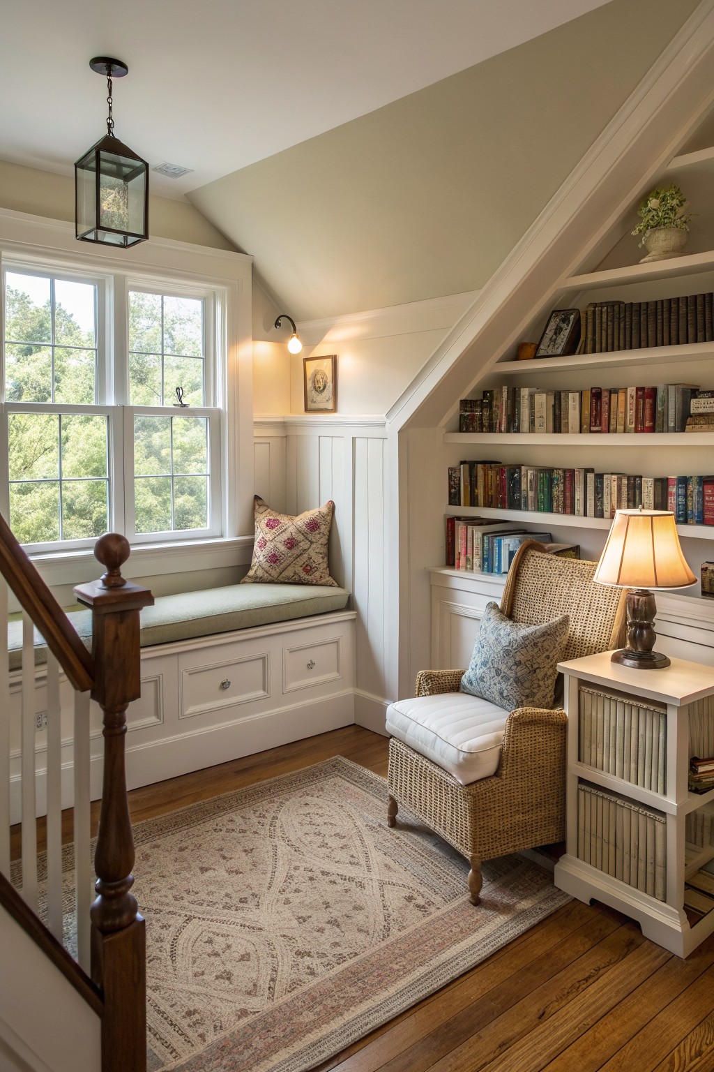 Cozy attic nook with window seat, wicker chair, bookshelves, rug, and warm lamplight.