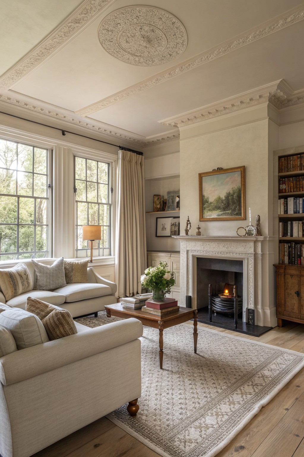 A living room interior showing two light-colored sofas facing a fireplace with a painting above the mantel, built-in bookshelves to the right, and large windows with curtains on the left.