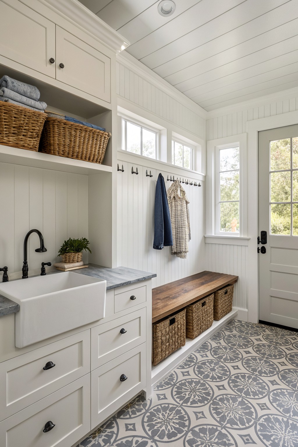 A white mudroom with a farmhouse sink, open shelving holding woven baskets, a wooden bench with storage baskets underneath, wall hooks, and patterned tile flooring.