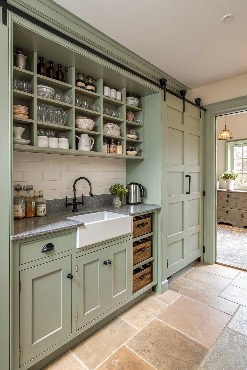 A kitchen with sage green built-in cabinetry featuring open upper shelves stocked with dishes and glassware, a white farmhouse sink, dark countertop, and a sliding door on the right.