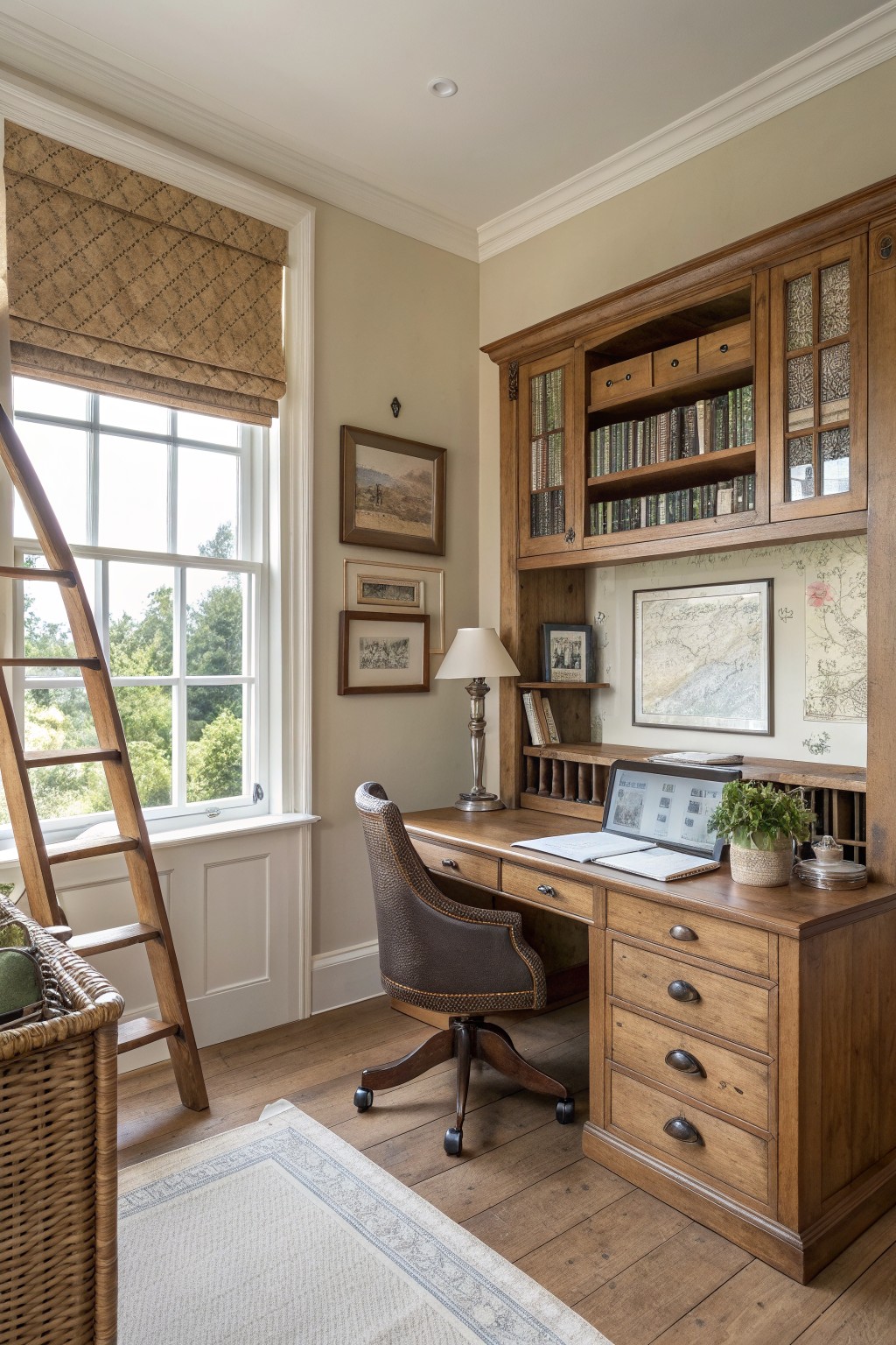 Cozy wooden home office with desk, chair, bookshelves, laptop, and window with ladder.