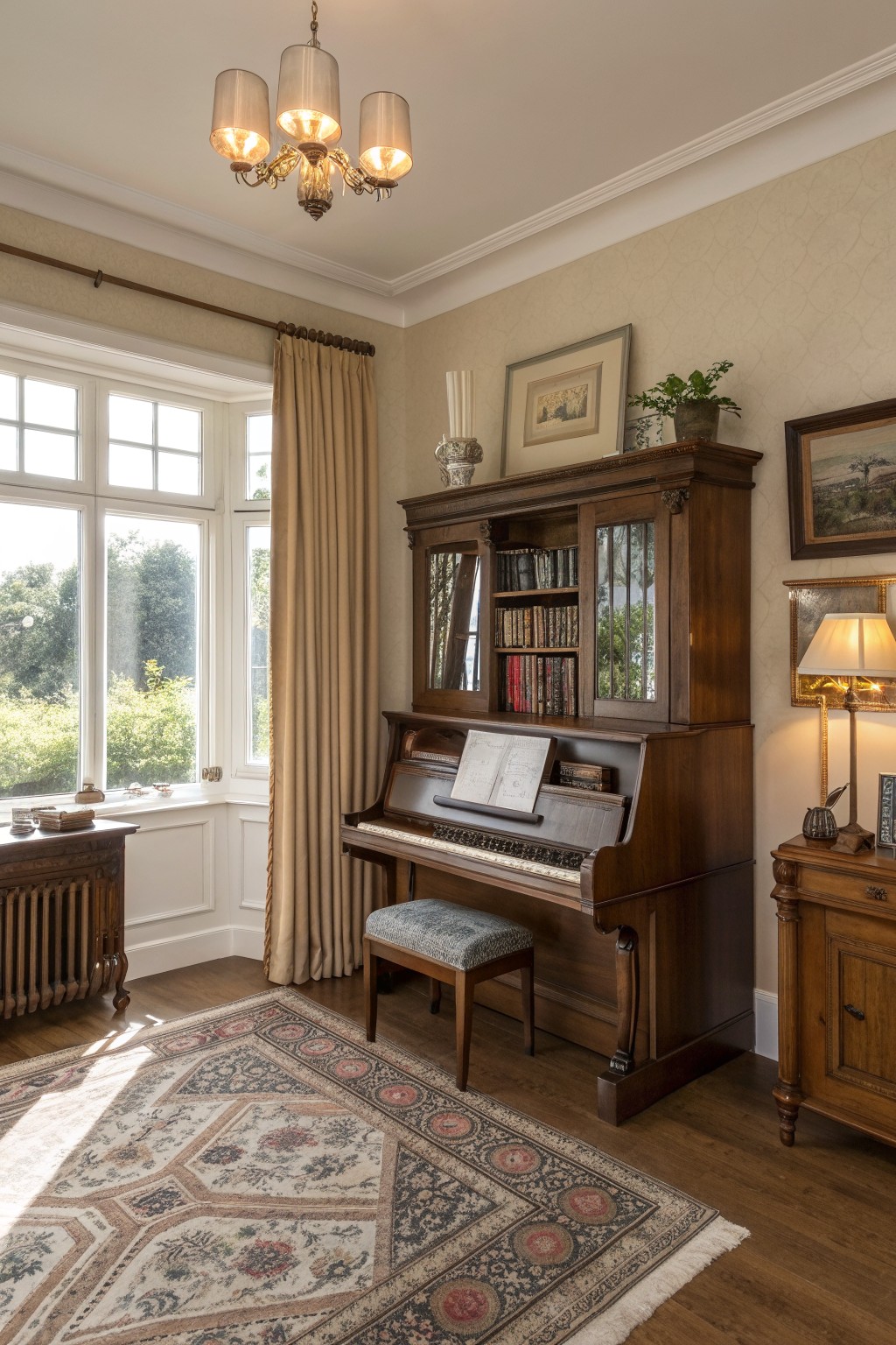 A wooden upright piano is built into a tall dark wood cabinet with glass doors and open bookshelves in a room with a patterned rug, beige curtains, and a multi-light chandelier.