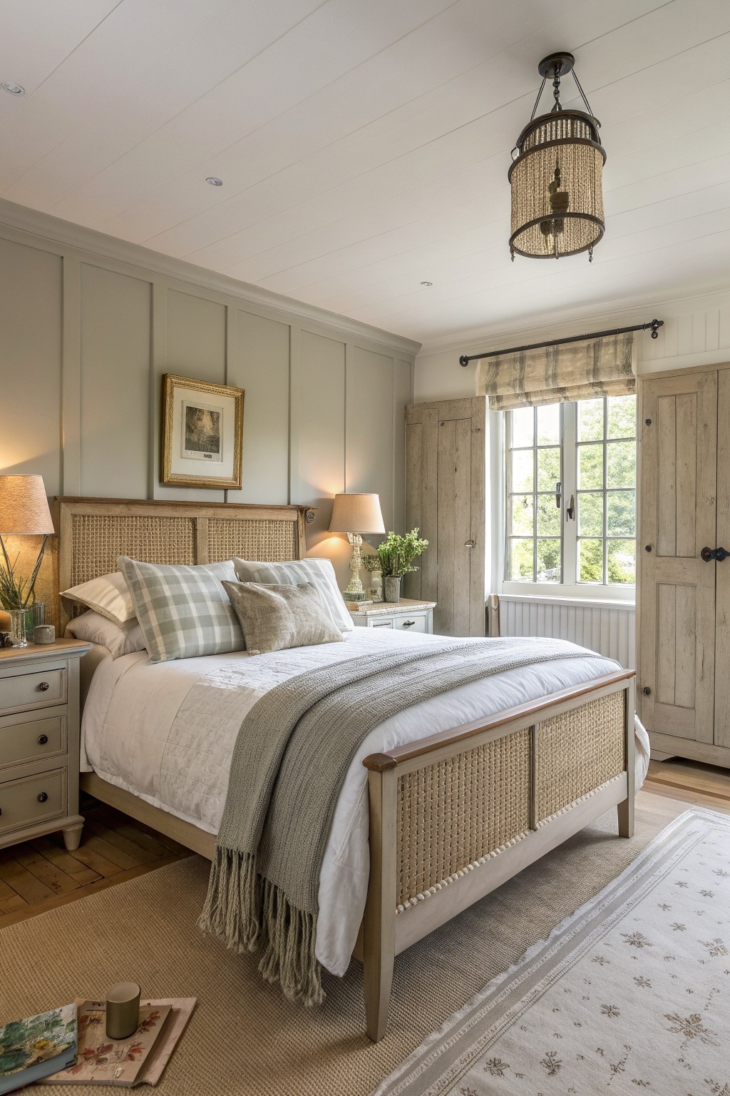 A bedroom with a wooden bed frame featuring cane weave panels on the headboard and footboard, white bedding, a nightstand, and a window with a curtain.