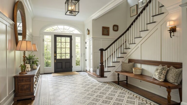 An interior entry hall with a large patterned tile floor, double front doors, a staircase, and a dark wooden bench with woven storage baskets underneath.