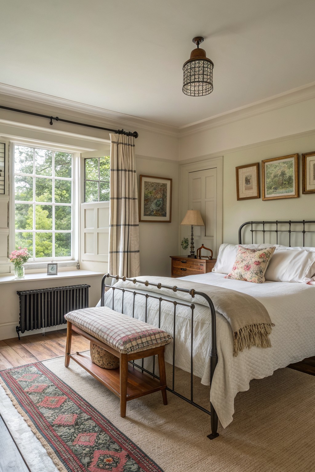 A bedroom with a black metal bed, white bedding, a plaid bench at the foot, and a striped linen curtain hanging from a black rod beside a large multi-paned window.