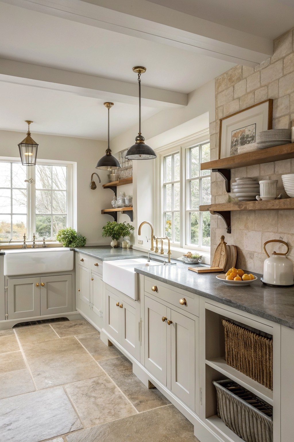 A bright kitchen with cream cabinets, two white farmhouse sinks, brass fixtures, wooden floating shelves on a stone wall, and several pendant lights.