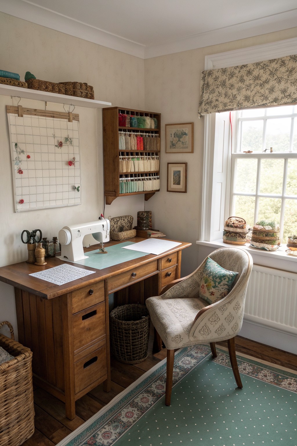 A sewing room interior showing a wooden desk with a white sewing machine, a wall-mounted wooden cabinet holding hanging threads and fabrics, an upholstered chair, and a window with patterned valance.
