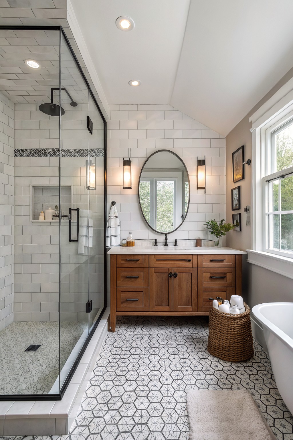 A bathroom interior shows a wooden vanity with white countertop below an oval mirror, white subway tile walls, a glass shower enclosure on the left, and patterned floor tiles throughout.