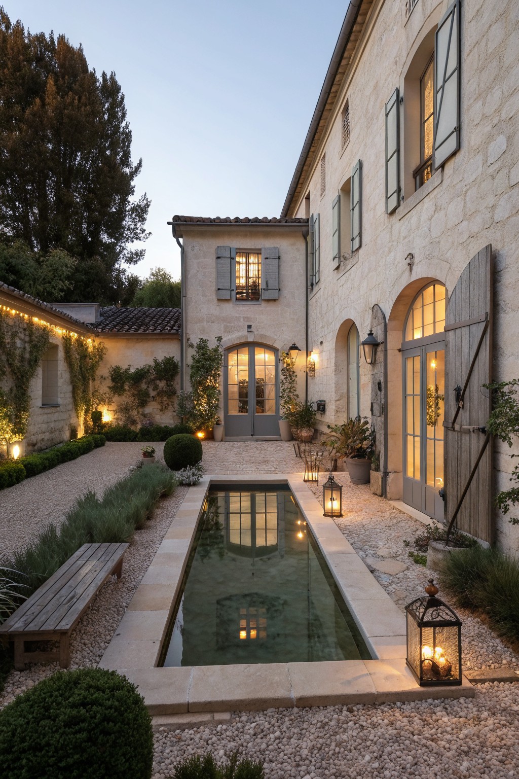 A stone house with gray shutters surrounds a courtyard with a long rectangular reflecting pool set in gravel, a wooden bench on the left, and several lanterns and potted plants.