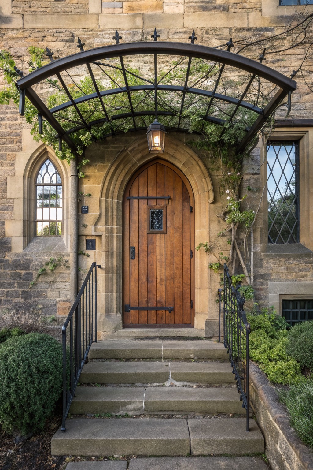 Stone house with arched wooden door under a curved black metal arbor covered in green vines, stone steps with black railings on both sides.