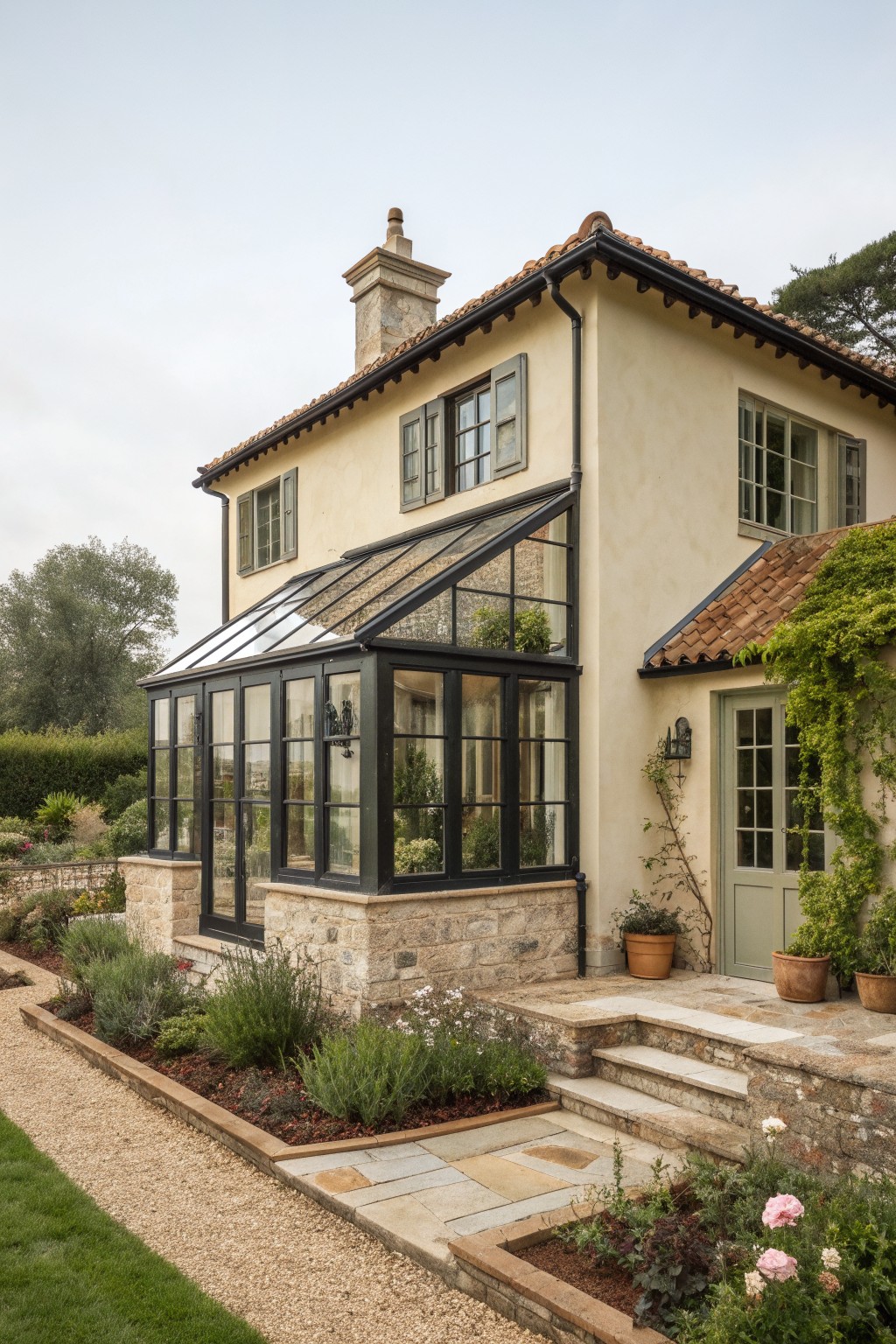 A two-story cream stucco house with a black-framed glass conservatory on a stone base, red tile roof, and adjacent garden path with steps.