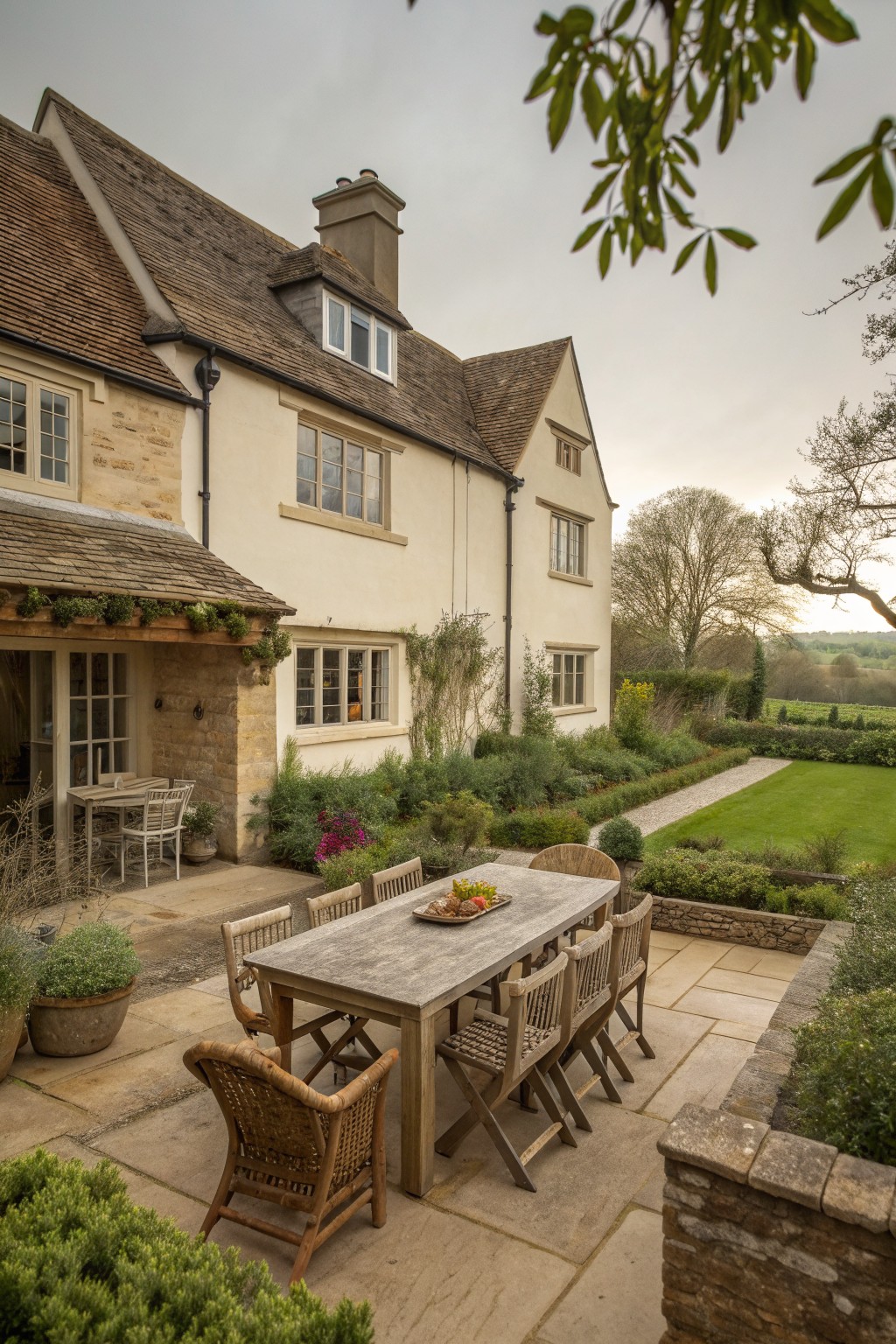 A large wooden dining table with mixed chairs sits on a stone patio beside a cream and stone house with garden beds and lawn visible.