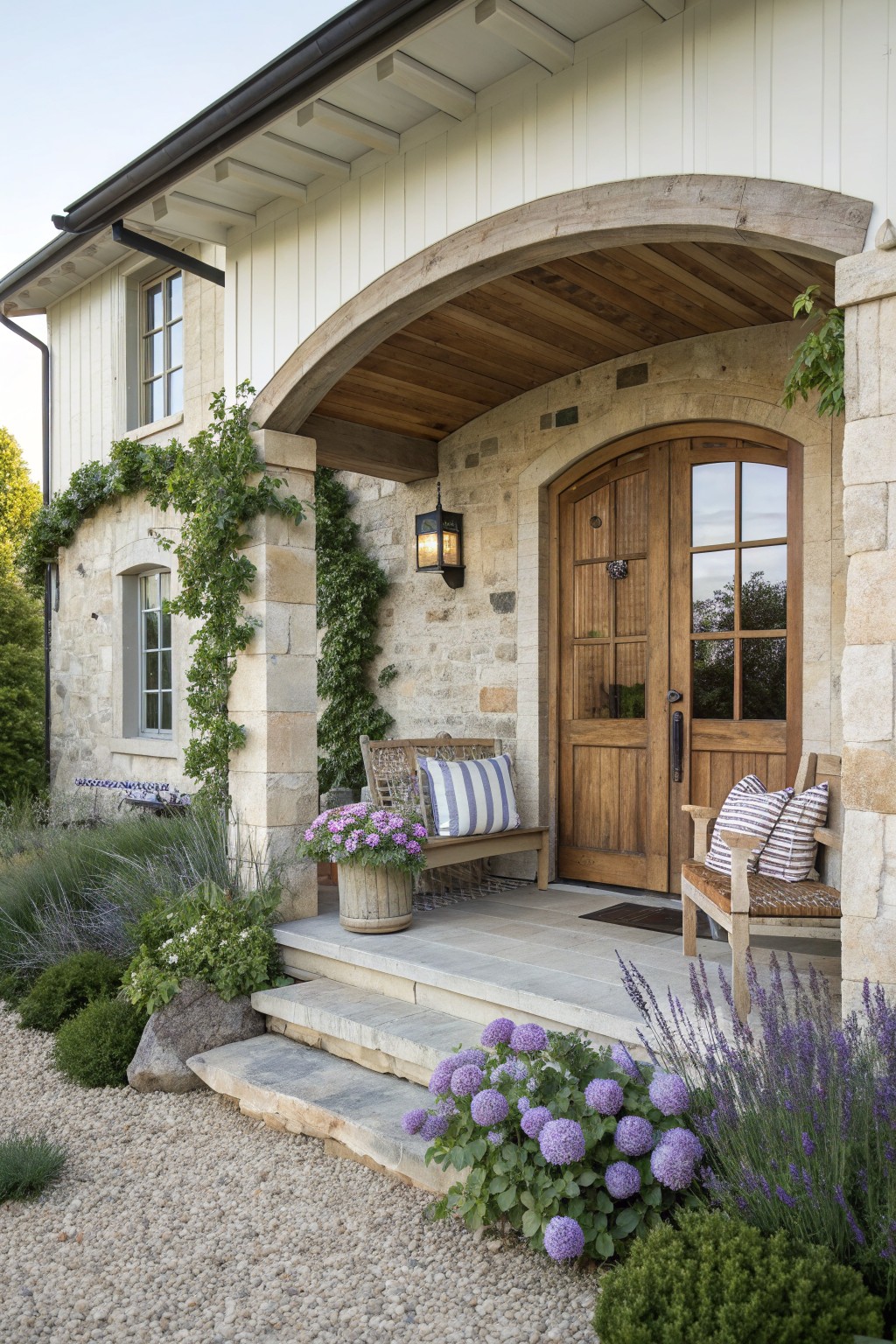 A front entrance with a large stone arch over wooden double doors, wooden benches on either side, and flowering plants at the steps.