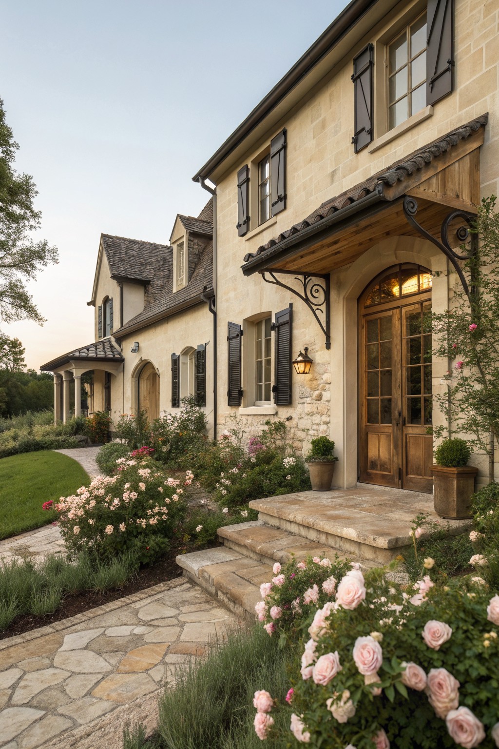 A two-story French country style house with light stucco walls, stone accents at the base and around the entry, wooden double doors under a canopy, black shutters, and a stone pathway bordered by rose bushes.