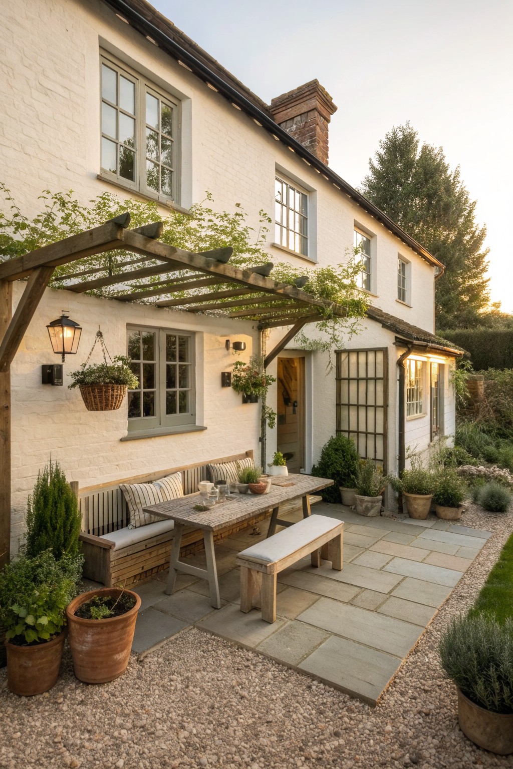 A white brick house exterior with a stone and gravel patio, featuring a wooden dining table, built-in bench with cushions, and potted plants under a wooden pergola.