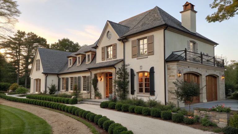 18 Sophisticated Modern French Country Exteriors for Updated Farmhouse Homes A two-story French country style house with light stucco walls, stone accents at the base and around the entry, wooden double doors under a canopy, black shutters, and a stone pathway bordered by rose bushes.