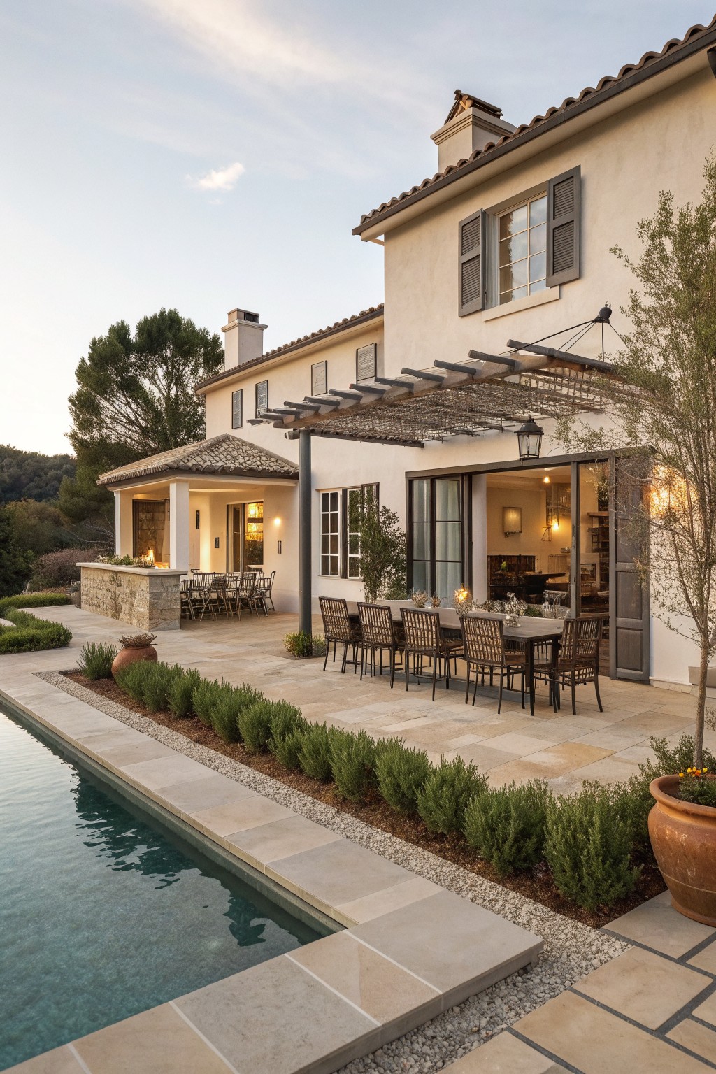 A French country style house exterior with a large stone patio, outdoor dining table under a metal pergola, and a swimming pool in the foreground.