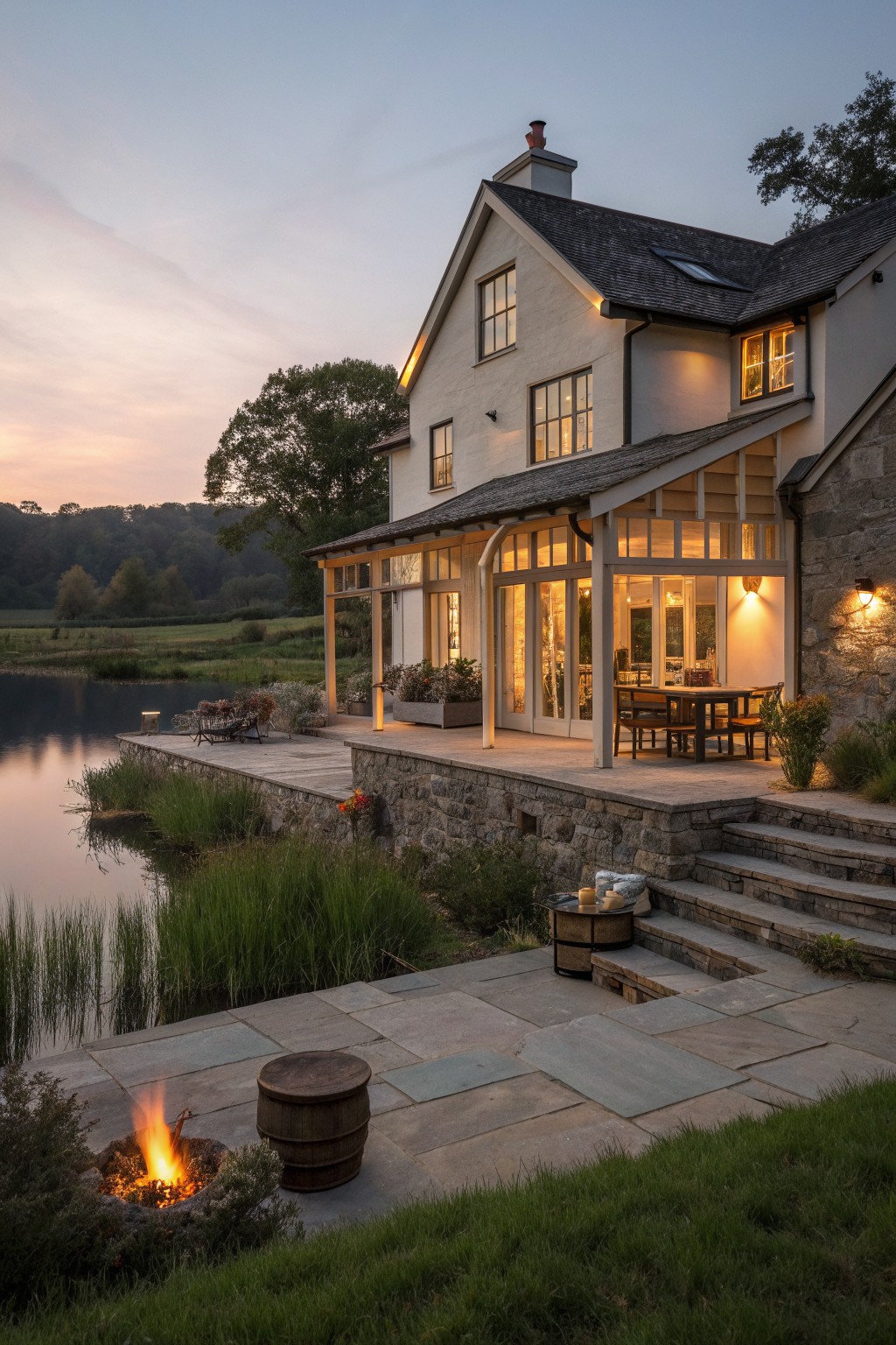 Lakeside white house with stone patio, fire pit, and glowing windows at dusk